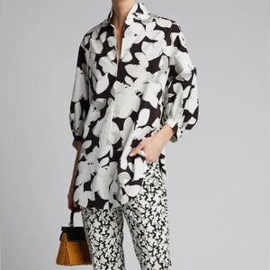 Akris Punto Magnolia Floral Puff Sleeve collar Top Black Cream Size US 14